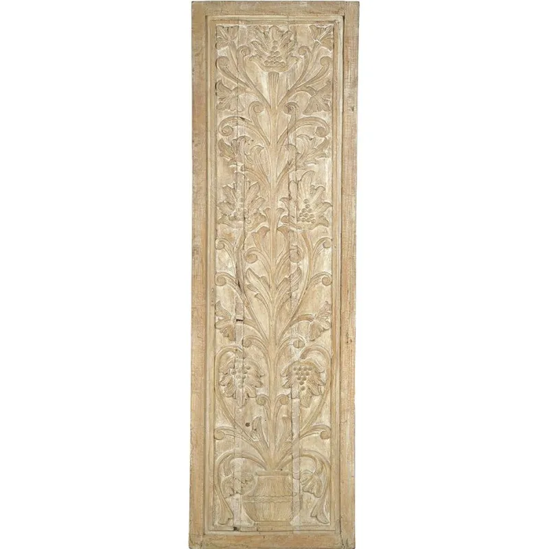 New Pamono Indian Carved Wooden Wall Panel with Floral Decoration