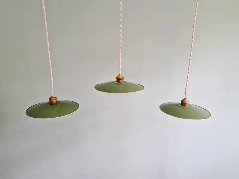 Pamono Industrial Green Pendant Lights, 1940s, Set of 3