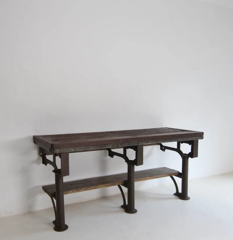 New Pamono Industrial Wabi-Sabi Cast Iron and Wood Console Worktable, 1920s