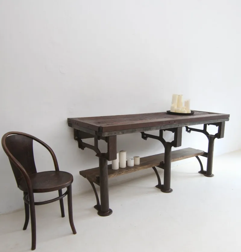 New Pamono Industrial Wabi-Sabi Cast Iron and Wood Console Worktable, 1920s