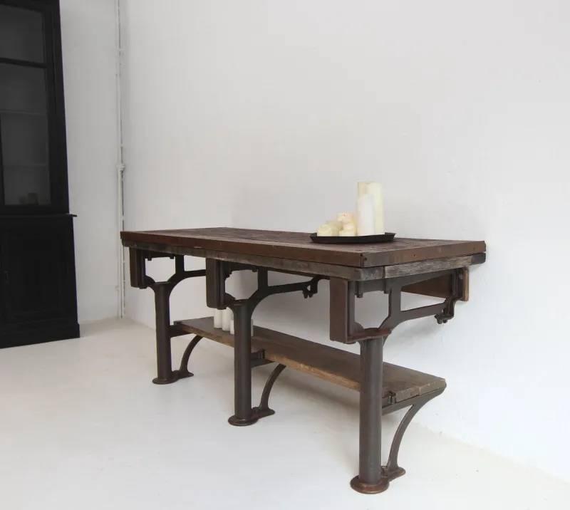 New Pamono Industrial Wabi-Sabi Cast Iron and Wood Console Worktable, 1920s