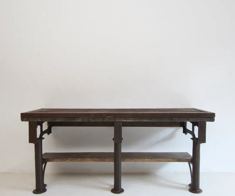 New Pamono Industrial Wabi-Sabi Cast Iron and Wood Console Worktable, 1920s