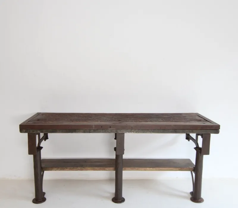 New Pamono Industrial Wabi-Sabi Cast Iron and Wood Console Worktable, 1920s