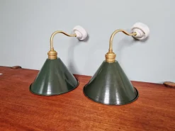 Pamono Industrial Wall Lights in Brass and Green Enamelled Sheet Metal, 1950s, Set of 2