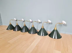 Pamono Industrial Wall Lights in Brass and Green Enamelled Sheet Metal, 1950s, Set of 2