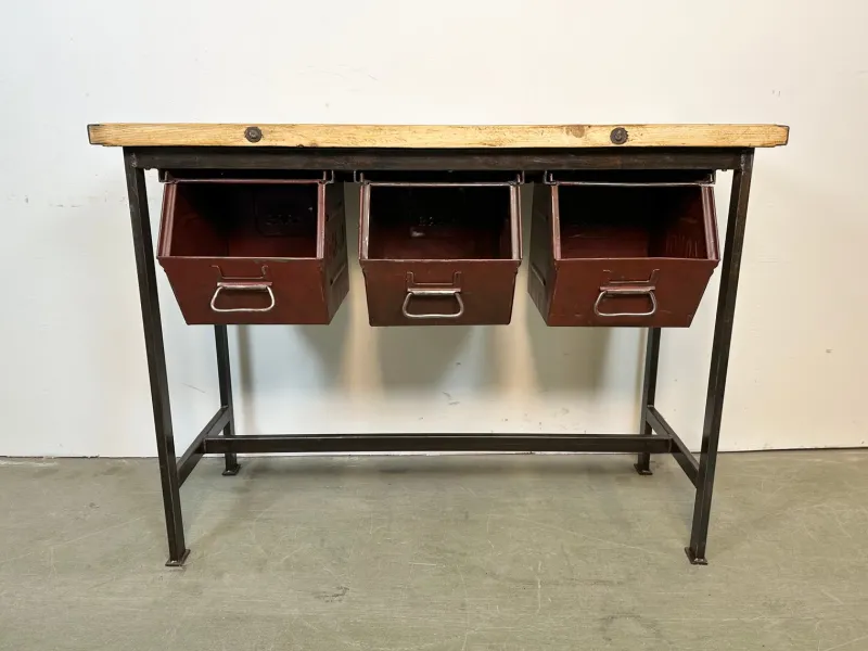 Pamono Industrial Worktable with Three Iron Drawers, 1960s