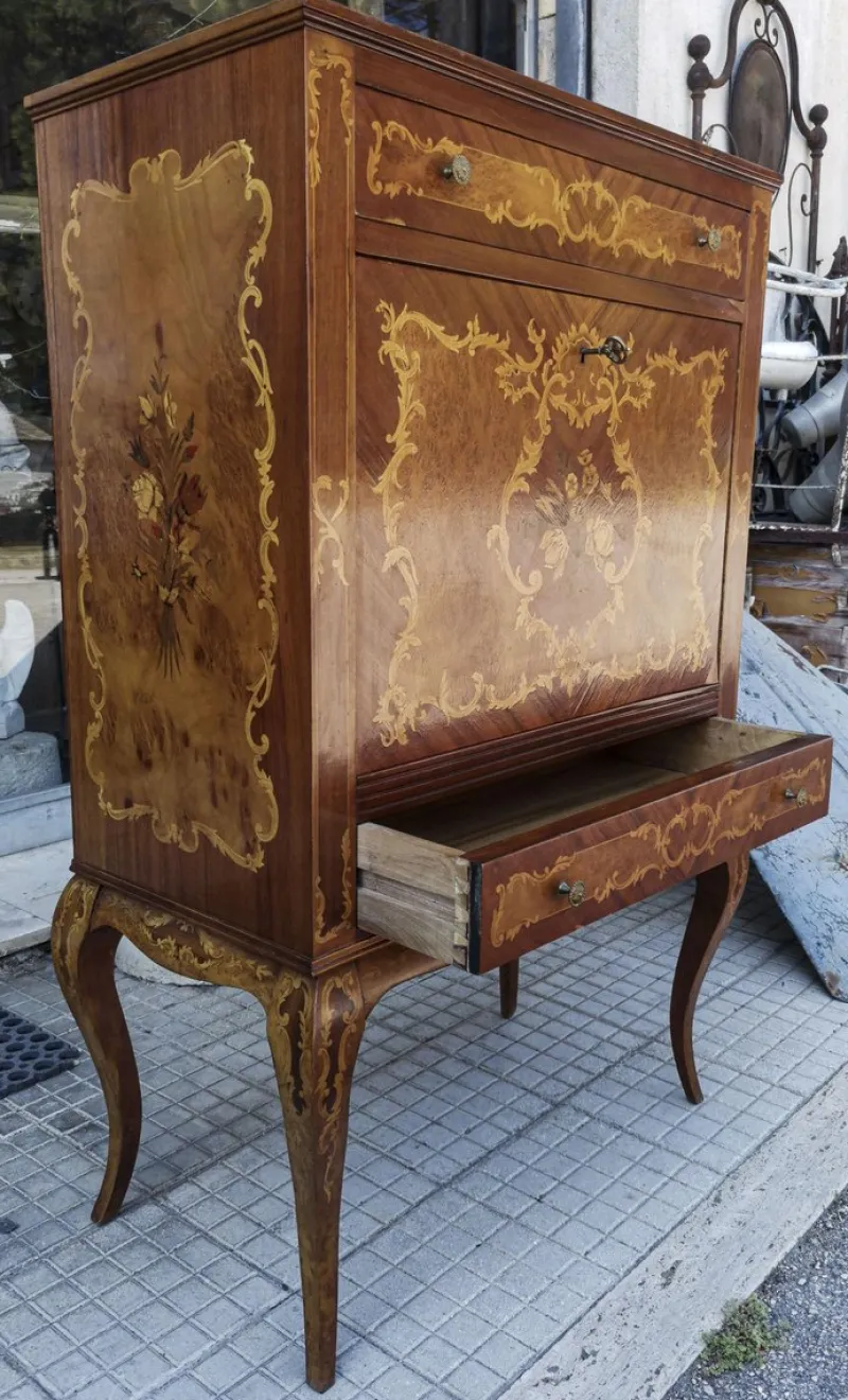 Sale Pamono Inlaid Wood and Glass Secretaire, 1970s