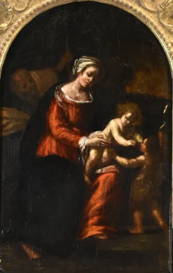 Pamono Ippolito Scarsella, Holy Family with St John, 1600, Oil on Board, Framed> Old Masters|Classical