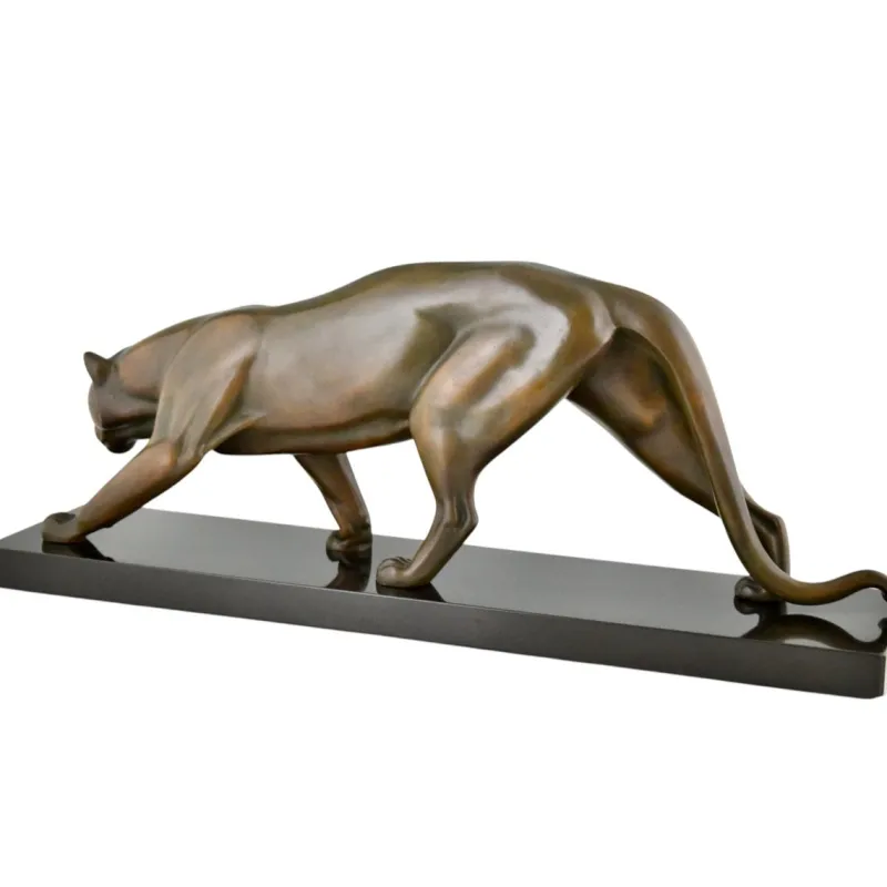 Pamono Irenee Rochard, Art Deco Sculpture of a Panther, 1930, Bronze on Marble Base> Art Deco