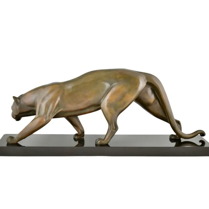 Pamono Irenee Rochard, Art Deco Sculpture of a Panther, 1930, Bronze on Marble Base> Art Deco