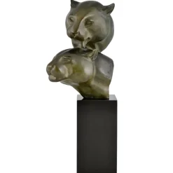 Pamono Irenee Rochard, Art Deco Sculpture with Two Panther Heads, 1930, Bronze & Marble> Art Deco