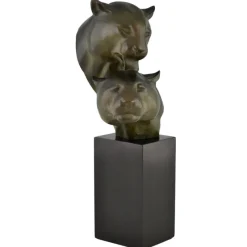 Pamono Irenee Rochard, Art Deco Sculpture with Two Panther Heads, 1930, Bronze & Marble><noscript><img width=