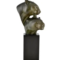 Pamono Irenee Rochard, Art Deco Sculpture with Two Panther Heads, 1930, Bronze & Marble><noscript><img width=