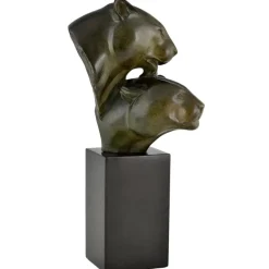 Pamono Irenee Rochard, Art Deco Sculpture with Two Panther Heads, 1930, Bronze & Marble><noscript><img width=