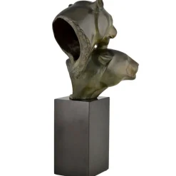 Pamono Irenee Rochard, Art Deco Sculpture with Two Panther Heads, 1930, Bronze & Marble><noscript><img width=