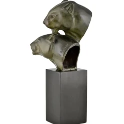 Pamono Irenee Rochard, Art Deco Sculpture with Two Panther Heads, 1930, Bronze & Marble><noscript><img width=