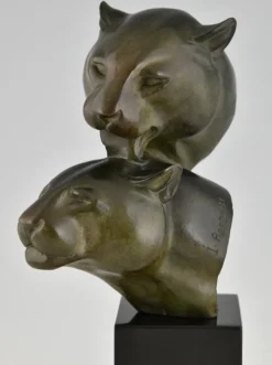 Pamono Irenee Rochard, Art Deco Sculpture with Two Panther Heads, 1930, Bronze & Marble><noscript><img width=