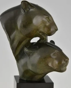 Pamono Irenee Rochard, Art Deco Sculpture with Two Panther Heads, 1930, Bronze & Marble><noscript><img width=