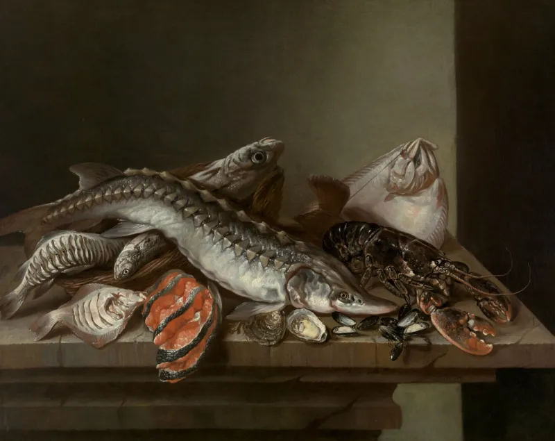 Pamono Isaac Van Duynen, Still Life with Sea Fish on Table, 17th Century, Oil Painting, Framed> Old Masters