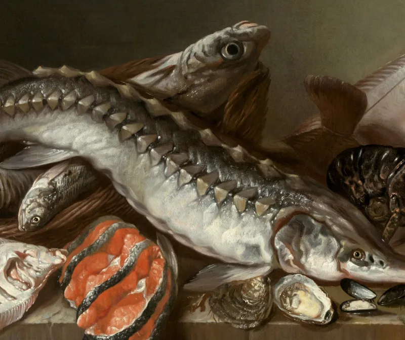 Pamono Isaac Van Duynen, Still Life with Sea Fish on Table, 17th Century, Oil Painting, Framed> Old Masters