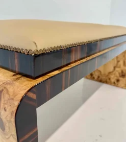 Pamono Italian Art Deco Bench in Olive Ash Burl and Macassar with Faux Leather Seat, 1940s