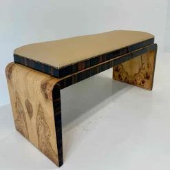 Pamono Italian Art Deco Bench in Olive Ash Burl and Macassar with Faux Leather Seat, 1940s
