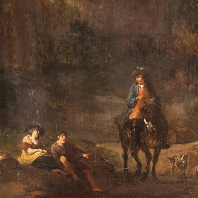 Pamono Italian Artist, Arcadian Landscape with Knight, 18th Century, Oil on Panel, Framed> Painting