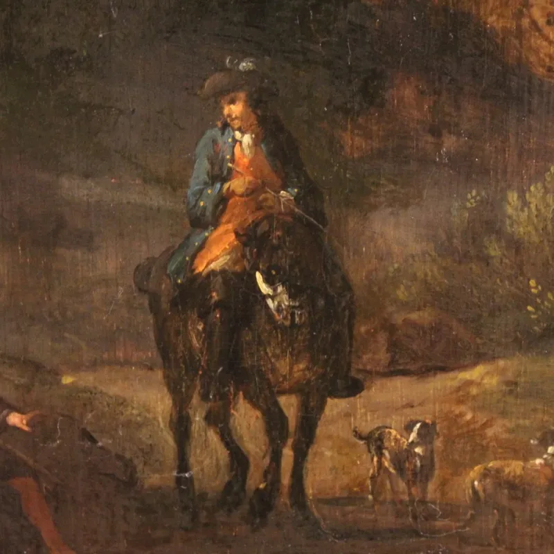 Pamono Italian Artist, Arcadian Landscape with Knight, 18th Century, Oil on Panel, Framed> Painting