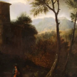Pamono Italian Artist, Arcadian Landscape with Knight, 18th Century, Oil on Panel, Framed><noscript><img width=