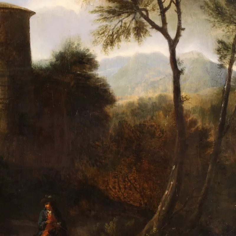 Pamono Italian Artist, Arcadian Landscape with Knight, 18th Century, Oil on Panel, Framed> Painting