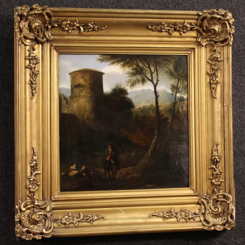 Pamono Italian Artist, Arcadian Landscape with Knight, 18th Century, Oil on Panel, Framed> Painting