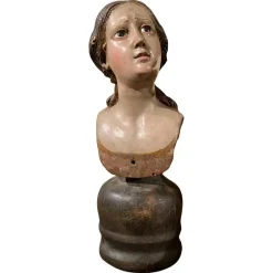 New Pamono Italian Artist, Carved Polychrome Female Bust Sculpture, 1700s, Lacquered Wood