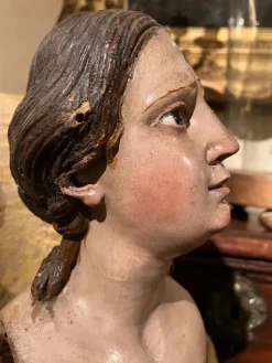 New Pamono Italian Artist, Carved Polychrome Female Bust Sculpture, 1700s, Lacquered Wood