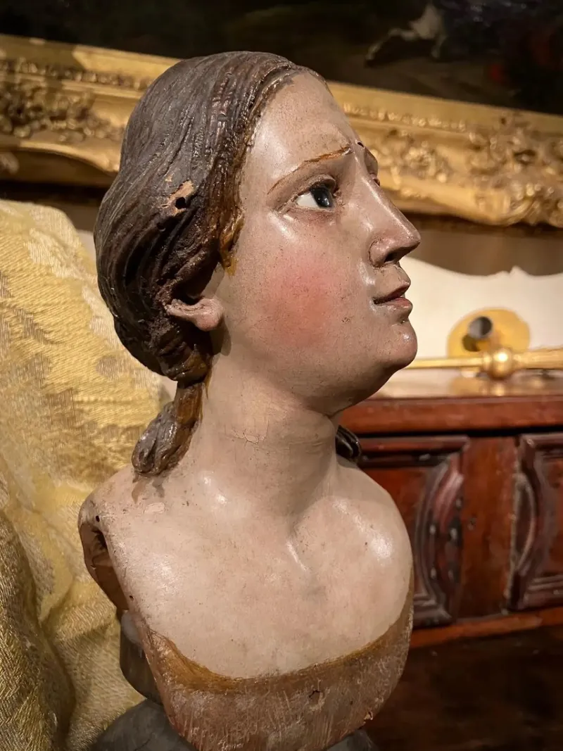 New Pamono Italian Artist, Carved Polychrome Female Bust Sculpture, 1700s, Lacquered Wood