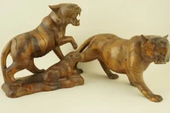 Pamono Italian Artist, Large Art Deco Maternity with Tigers Sculptures, Early 1900s, Cherry Wood, Set of 2> Art Deco
