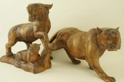 Pamono Italian Artist, Large Art Deco Maternity with Tigers Sculptures, Early 1900s, Cherry Wood, Set of 2><noscript><img width=