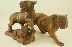 Pamono Italian Artist, Large Art Deco Maternity with Tigers Sculptures, Early 1900s, Cherry Wood, Set of 2><noscript><img width=