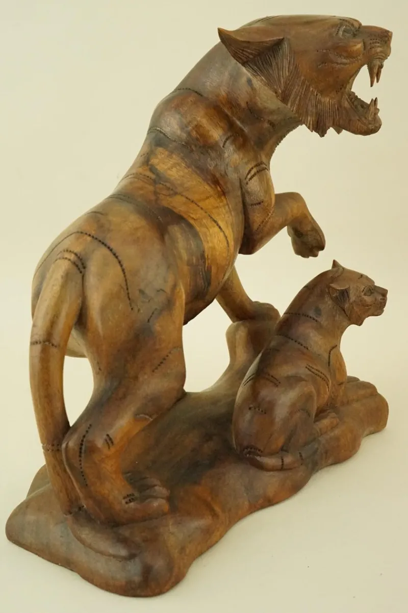 Pamono Italian Artist, Large Art Deco Maternity with Tigers Sculptures, Early 1900s, Cherry Wood, Set of 2> Art Deco