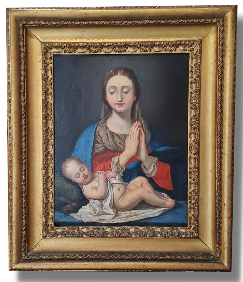 Pamono Italian Artist, Madonna and Child, 1700s, Oil on Copper, Framed