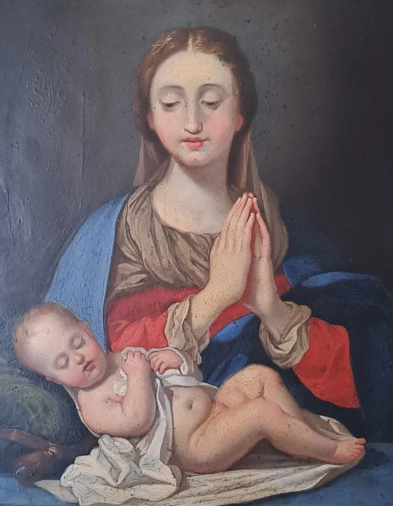 Pamono Italian Artist, Madonna and Child, 1700s, Oil on Copper, Framed