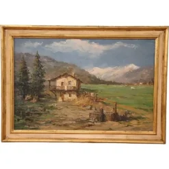Pamono Italian Artist, Mountain Valley Landscape, Oil Painting on Plywood, Framed> Classical