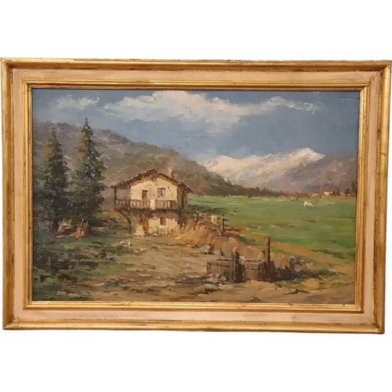Pamono Italian Artist, Mountain Valley Landscape, Oil Painting on Plywood, Framed> Classical