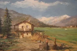 Pamono Italian Artist, Mountain Valley Landscape, Oil Painting on Plywood, Framed> Classical