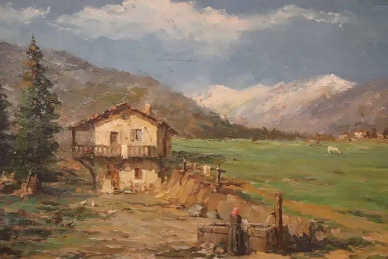 Pamono Italian Artist, Mountain Valley Landscape, Oil Painting on Plywood, Framed> Classical