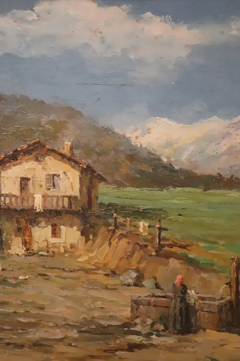Pamono Italian Artist, Mountain Valley Landscape, Oil Painting on Plywood, Framed> Classical