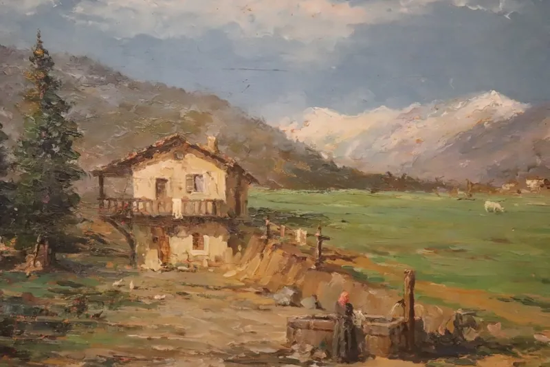 Pamono Italian Artist, Mountain Valley Landscape, Oil Painting on Plywood, Framed> Classical