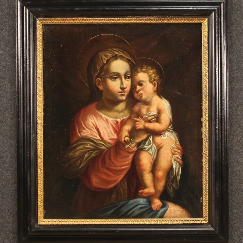 Pamono Italian Artist, Virgin with Child, 1670, Oil on Canvas, Framed> Classical
