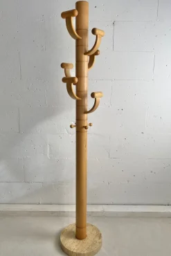 Pamono Italian Ash Wood and Travertine Coat Stand in the Style of Ettore Sottsass