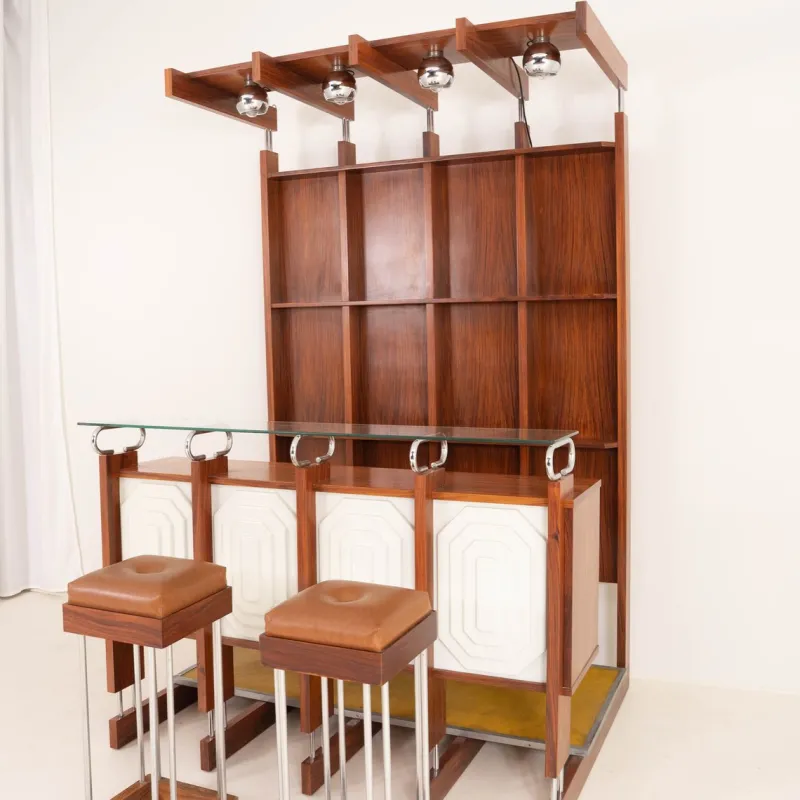 Pamono Italian Bar Unit with Stools, 1970s, Set of 3> Cabinets & Wardrobes
