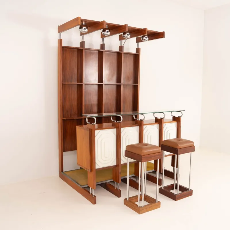 Pamono Italian Bar Unit with Stools, 1970s, Set of 3> Cabinets & Wardrobes